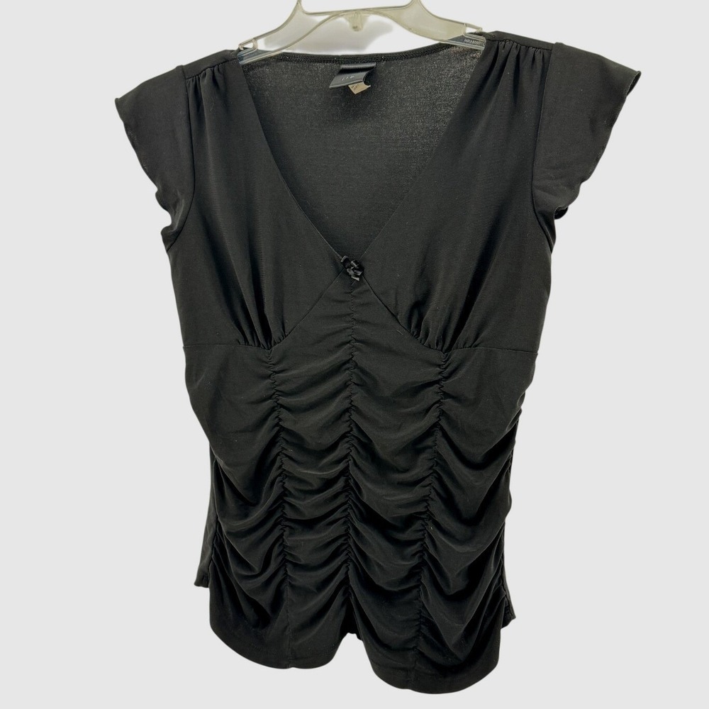 J.T.B. Ruched Front V-Neck Top Womens Medium Black Cap Sleeve Goth